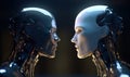 two humanoid robots, one male and one female facing to each other. Generative A.I