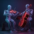 Two humanoid robots are playing string instruments in a futuristic setting. The robot Royalty Free Stock Photo