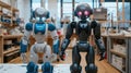 Two humanoid robots in a robotics lab workshop generated with AI Royalty Free Stock Photo