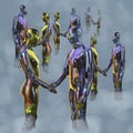 Multiple humanoids shaking hands on clouds going back into infinity AI generative Royalty Free Stock Photo