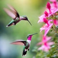 Two hummingbird bird flying next to beautiful pink flower. Royalty Free Stock Photo