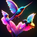 Two hummingbirds flying in the night sky. 3d illustration. Generative AI