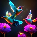Two hummingbirds flying in the night sky with flowers. 3d rendering AI generated