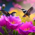 Two hummingbirds flying over a pink flower in the garden on a summer day. generative AI