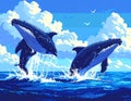 Two Humpback Whales Leaping Out of Ocean Water Under Blue Sky Royalty Free Stock Photo