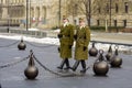 Two Hungarian soldiers of the guard of honor on the square near the Parliament during the service
