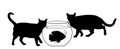 Two hungry cats walking around Oscar fish in fishbowl aquarium vector silhouette illustration