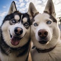 Two husky dogs take a selfie, photo of two huskies