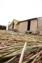 Two huts made of reeds by the native indians that are standing in a man made island at Lake Titicaca in Peru, South America Royalty Free Stock Photo