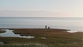 Two hydrologists wearing antimosquito screens on their heads examine ground and make measures. Descover Yamal peninsula.