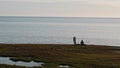 Two hydrologists wearing antimosquito screens on their heads examine ground and make measures. Descover Yamal peninsula.