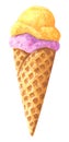 Two ice cream balls in waffle cone, watercolor clip art