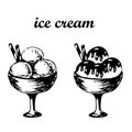 two Ice cream in bowl with waffle rolls. Ice cream balls hand drawn vector illustration, sketch isolated on transparent