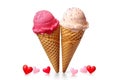 Two ice cream cones and heart ornaments. Valentine concept. Generative AI.