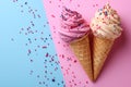 Two ice cream cones with pink and white frosting on a blue background, AI