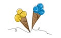 Two ice cream cones vector iliustration in Ukrainian colors yellow and blue. One line art ice cream cones