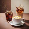 Two Iced Coffee Drinks on Dark Table: Cafe Beverage Royalty Free Stock Photo