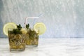 Two iced tea glasses with lemon slice on marble Royalty Free Stock Photo
