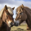 two icelandic horses kiss each other