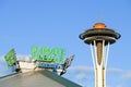Two icons of the Seattle Center - the Space Needle and Climate Pledge Arena