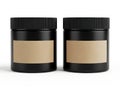 Two black jars with blank labels standing side by side isolated on white background Royalty Free Stock Photo