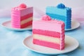 two identical cakes, one in pink icing, one in blue Royalty Free Stock Photo