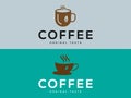 Two coffee logos with brown cups and steam on grey and teal backgrounds drink Royalty Free Stock Photo
