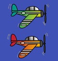 Two identical 2D cartoon propeller airplane with different colors. Outlined. Moving cartoon effect.