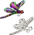 Two identical stylized dragonflies. One dragonfly is colored. The second is black and white. Vector illustration for co Royalty Free Stock Photo