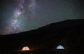 Two illuminated tents in the mountains against the backdrop of the milky way Royalty Free Stock Photo