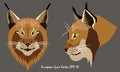 Two illustrated vector portraits of lynx, full face and profile, close-up.