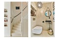 two images of a bathroom with a toilet and stairs Royalty Free Stock Photo