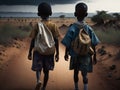 two poor boys with backpacks facing the african desert