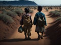 Two poor children walking through a desolate land in Africa