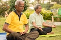 Two Indian senior men doing meditation on yoga mat at park by closing eyes - concept of elderly healthcare and lifestyle Royalty Free Stock Photo