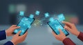 Two individuals holding smartphones exchange data using a peer-to-peer (P2P)