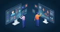Two individuals interact with large digital screens displaying data visualizations and Royalty Free Stock Photo