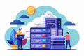Two individuals manage customizable cloud hosting servers amid a bright, cloud-filled sky, highlighting modern technology and Royalty Free Stock Photo