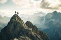 Two individuals proudly stand together on the summit of a magnificent mountain, A moment of triumph shared between friends on a