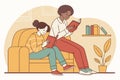 Two individuals reading books on a cozy sofa in a comfortable indoor setting during a relaxed afternoon Royalty Free Stock Photo
