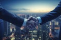 Two individuals seal a deal with a handshake against the backdrop of a vibrant cityscape, Business people shaking hands against a Royalty Free Stock Photo