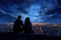 Two individuals seated on the edge of a ledge, captivated by the beauty of the night sky., A starry night with a couple sitting