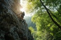 Two individuals are seen ascending a steep cliff in the midst of a forest, A rock climber ascending a daunting cliff, deep in a
