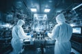 Two individuals wearing white lab coats are working together on a machine in a laboratory, Scientists and engineers work on modern Royalty Free Stock Photo