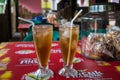 Two Indonesian-style ES TEH ice tea sold in local restaurant, Kuta, Lombok Indonesia, March 2017