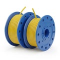 Two Yellow Cable Reels Stacked Together with Blue Flanged Spools on a White Background Royalty Free Stock Photo