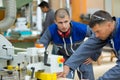 two industrial woodworking workers Royalty Free Stock Photo