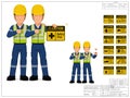 Two industrial workers are presenting warning sign on white background