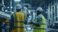 Two industry professionals in safety gear are inspecting a manufacturing plant using a digital tablet.. AI generated Royalty Free Stock Photo