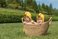 Two infant babies in Easter chicken costumes inside the basket on green grass Royalty Free Stock Photo